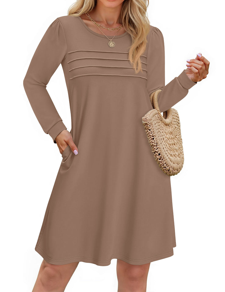 Fantaslook Pleated Long Sleeve Dresses for Women Fashion Fall Dresses Casual Dress with Pockets