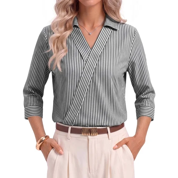 Fantaslook 3/4 Sleeve Womens Striped Tops V Neck Lapel Shirts Dressy Business Work Blouses Trendy Fashion Tops