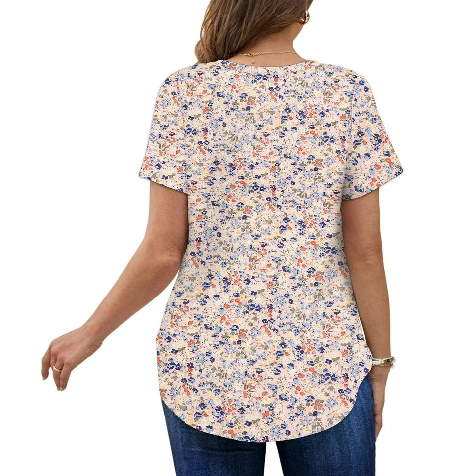 MOSHU Plus Size T-shirts for Women V Neck Summer Tunic Tops Floral Print Curved Hem Women Shirts
