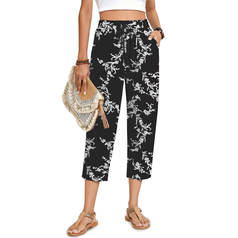 Fantaslook Womens Capri Pants Drawstring Casual Palazzo Trousers with Pockets Loose Floral Lounge Pants Pajama Bottoms