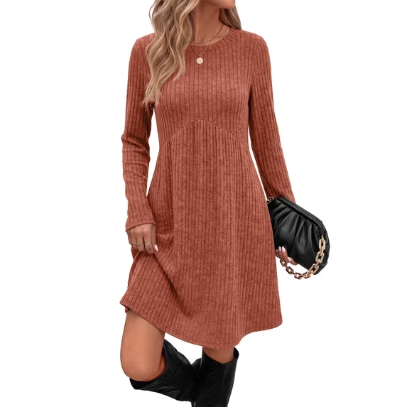 Fantaslook Fall Long Sleeve Dresses for Women Crew Neck Empire Waist Tunic Dress with Pockets Sweater Dress