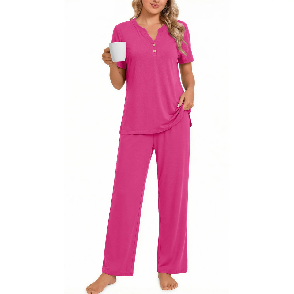 Fantaslook Womens Pajamas Sets V Neck Buttons Short Sleeve Top and Pant with Pockets Lounge Wear Set Outfits
