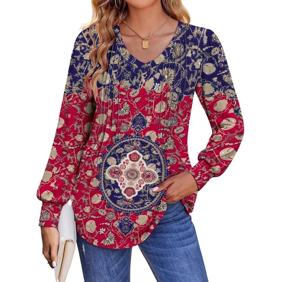 Fantaslook Long Sleeve Shirts for Women Fall Tops Dressy Casual Blouses Pleated V Neck Tunic Tops