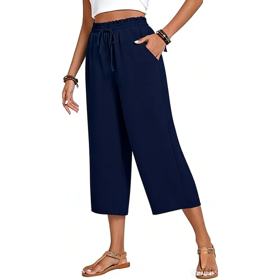 Fantaslook Women Capri Pants Wide Leg High Waisted Drawstring Capris Summer Casual Linen Cropped Pants with Pockets