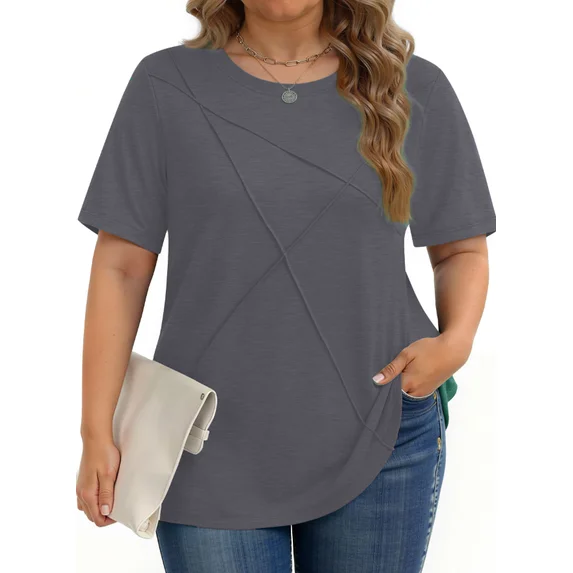 Fantaslook Women Plus Size Tops Pleated Crewneck Short Sleeve Shirts Casual Summer Tops