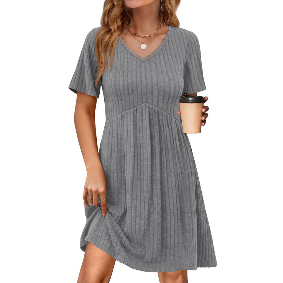 Fantaslook Short Sleeve Dresses for Women V Neck Summer Midi Dresses Empire Waist Tunic Casual Dress with Pockets