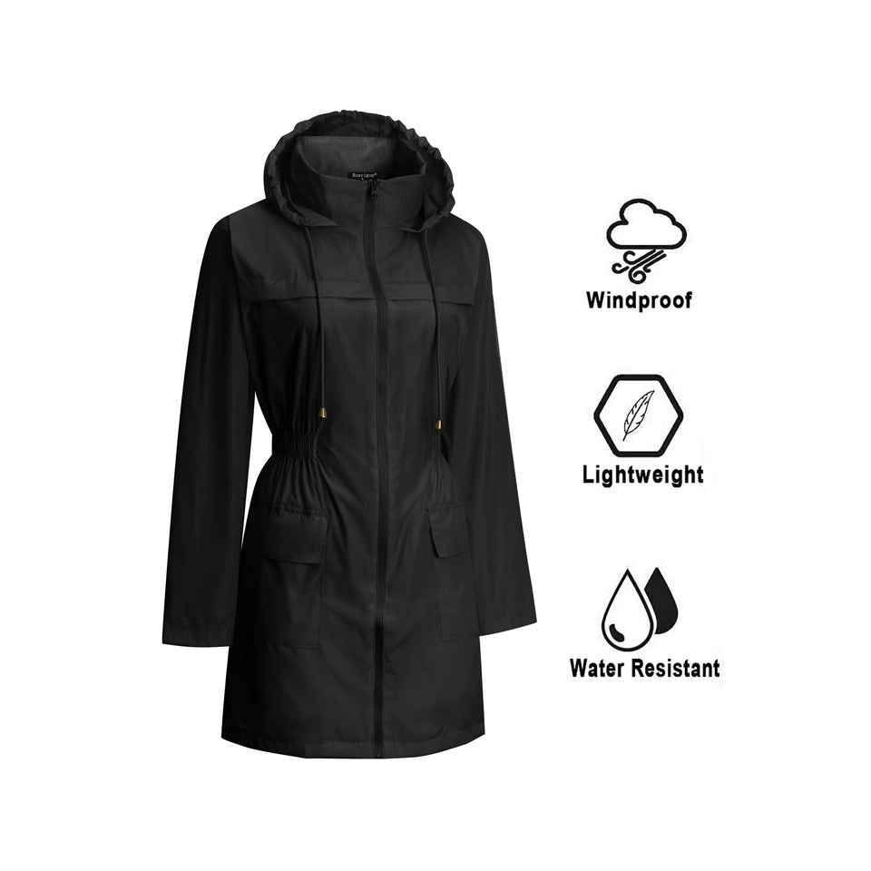 Rosvigor Womens Lightweight Raincoat Waterproof Jackets Woman Long Windbreaker Hooded Jacket with Pockets