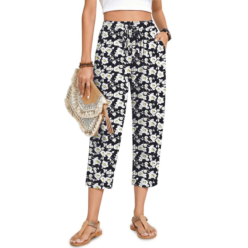Fantaslook Womens Capri Pants Drawstring Casual Palazzo Trousers with Pockets Loose Floral Lounge Pants Pajama Bottoms
