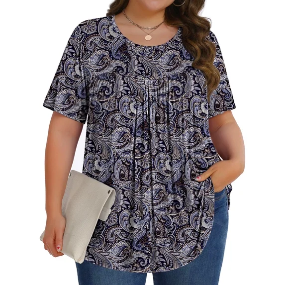Fantaslook Womens Plus Size Tops Tunic Short Sleeve Shirts Floral Blouses Loose Summer Tops