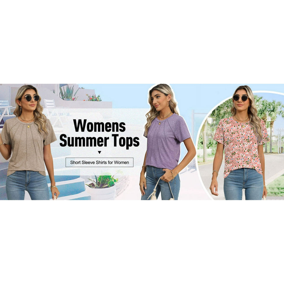 Rosvigor Blouses for Women Short Sleeve Shirts Casual Dressy Summer Tops with Pleats