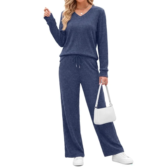 Fantaslook Two Piece Lounge Sets for Women Vacation Travel Fall Outfits V Neck Tops Wide Leg Pants Matching Sets Women Clothing