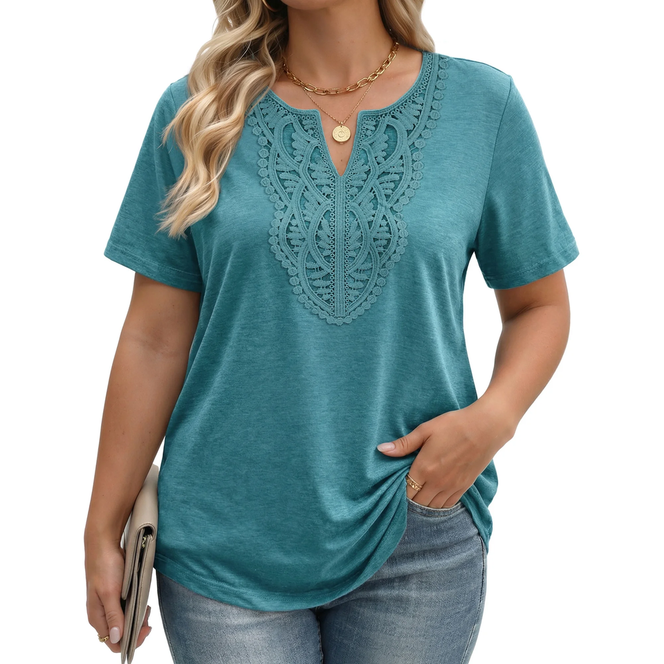 Fantaslook Lace Plus Size Tops for Women V Neck Short Sleeve Blouses Summer Tunic Shirts