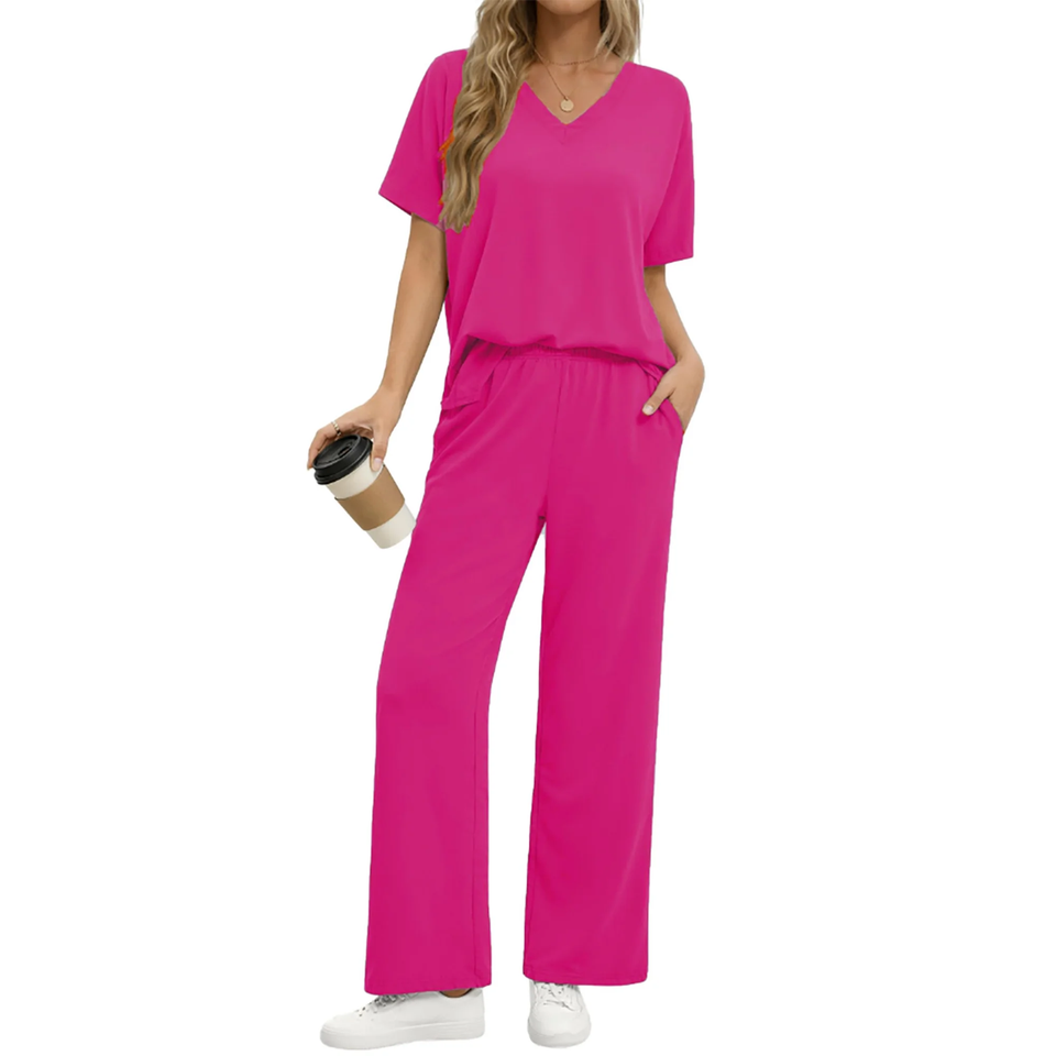 Fantaslook Lounge Sets for Women Casual 2 Piece Outfits Summer V Neck Short Sleeve Tops and Wide Leg Pants Pajamas Sets
