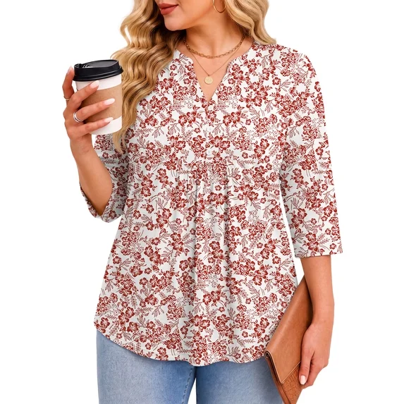 Fantaslook 3/4 Sleeve Plus Size Tops for Women Henley V Neck Button Blouses Dressy Floral Tunic Work Shirts L-5XL