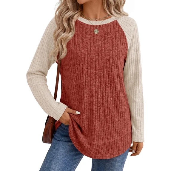 Fantaslook Color Block Long Sleeve Shirts for Women Lightweight Fall Sweaters Dressy Casual Tunic Tops