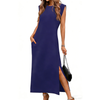 Fantaslook Womens Summer Maxi Dress Round Neck Sleeveless Sundress Loose Split Wrinkle-Free Long Dresses with Pockets