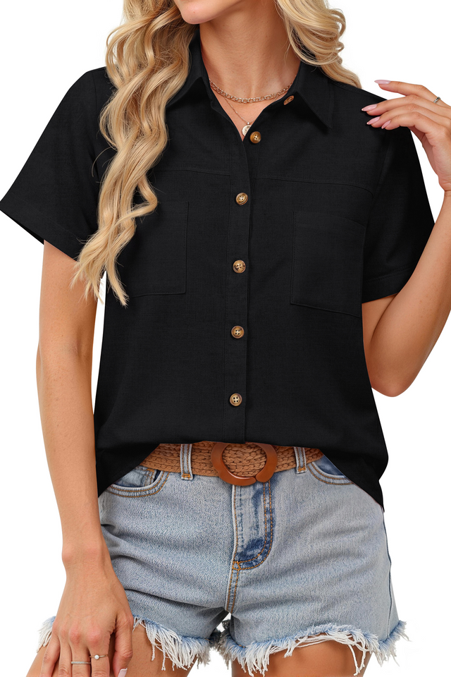 Fantaslook Womens Button Down Shirts Cotton Linen Short Sleeve Shirt Lapel Work Blouses Casual Summer Tops with Double Pockets