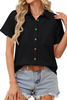 Fantaslook Womens Button Down Shirts Cotton Linen Short Sleeve Shirt Lapel Work Blouses Casual Summer Tops with Double Pockets