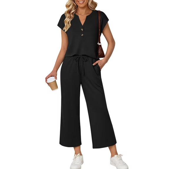 Fantaslook Two Piece Lounge Sets for Women Vacation Travel Outfits Dressy Casual V Neck Short Sleeve Tops Wide Leg Pants Fashion Outfits
