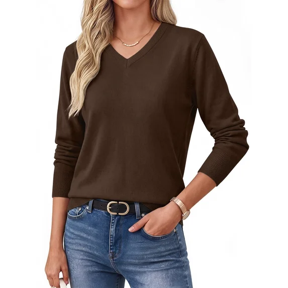Fantaslook Knit Sweater for Women Long Sleeve V Neck Fall Tops Trendy Lightweight Pullover Work Shirts