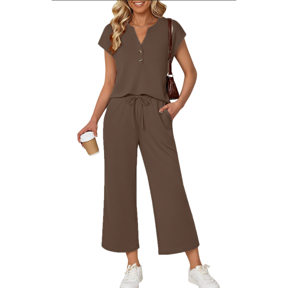Fantaslook Two Piece Lounge Sets for Women Vacation Travel Outfits Dressy Casual V Neck Short Sleeve Tops Wide Leg Pants Fashion Outfits