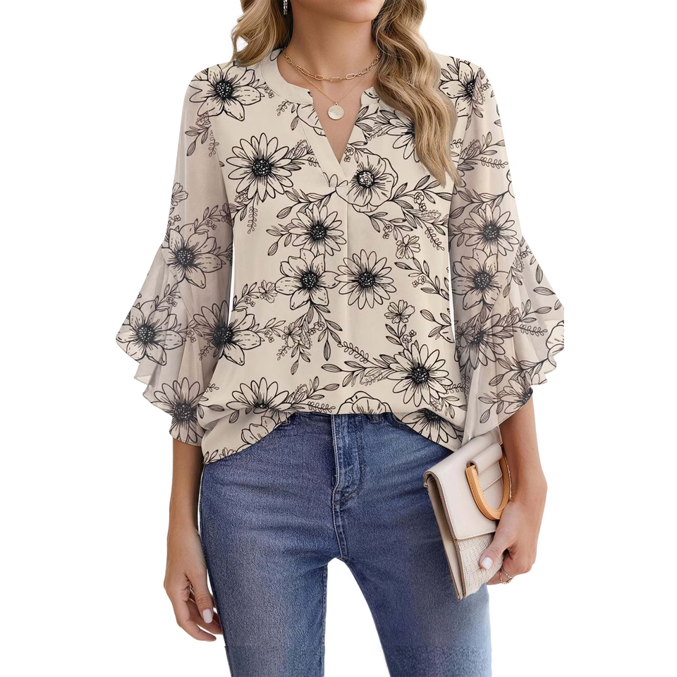 Fantaslook Blouses for Women 3/4 Ruffle Sleeve Summer Tops V Neck Business Work Blouse Dressy Casual Shirts