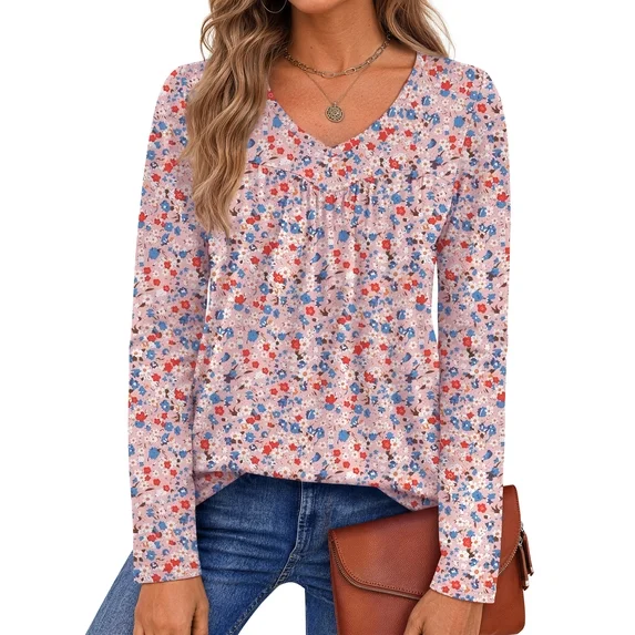 Fantaslook Womens Tops Dressy Casual Pleated Blouses V Neck Long Sleeve Shirts Fall Tunic Tops