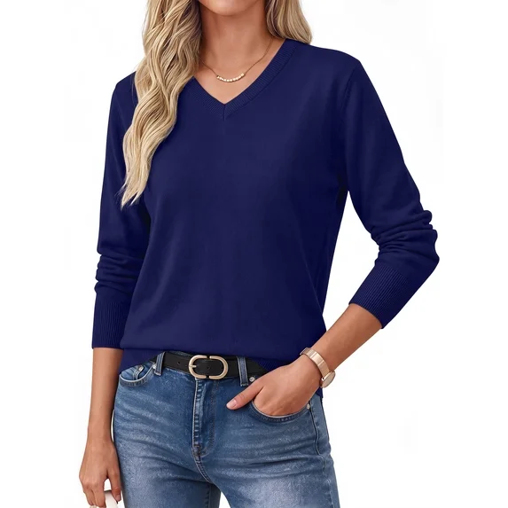 Fantaslook Knit Sweater for Women Long Sleeve V Neck Fall Tops Trendy Lightweight Pullover Work Shirts