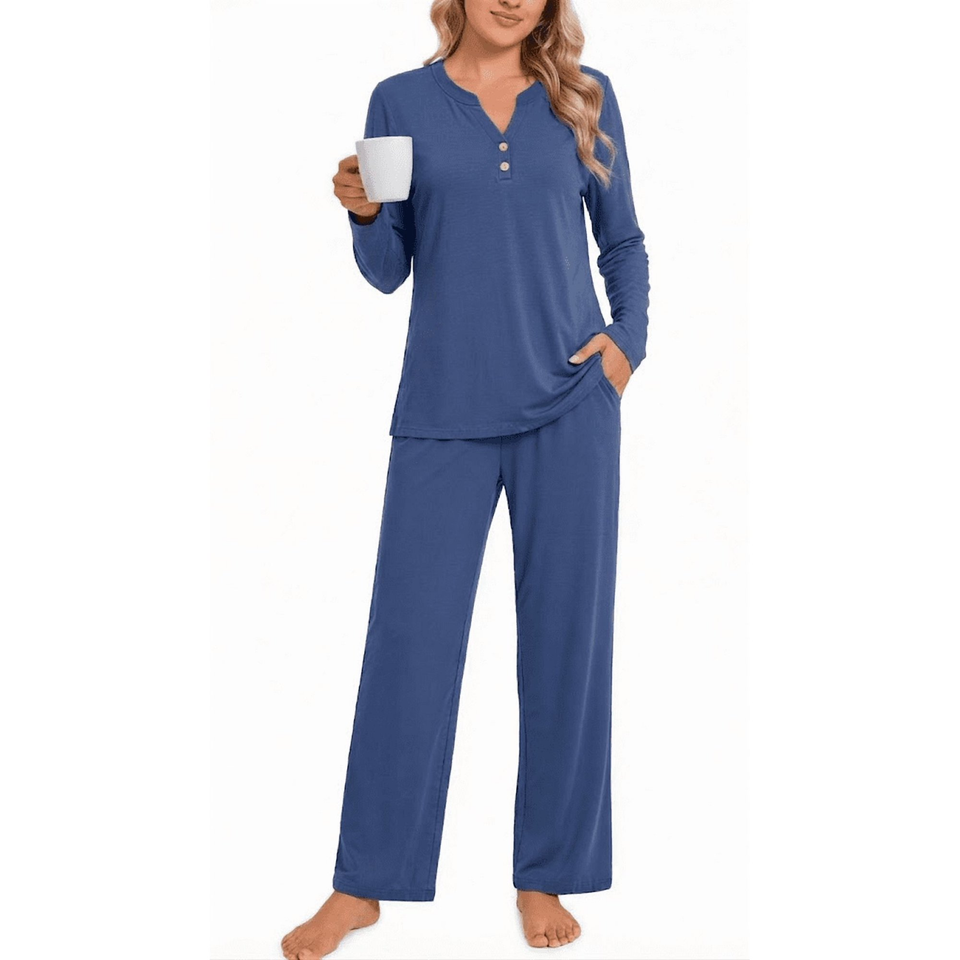 Fantaslook Women Pajamas Sets Long Sleeve V Neck Buttons Outfits and Casual Wide Leg Pants Lounge 2 Piece Sets withe Pockets