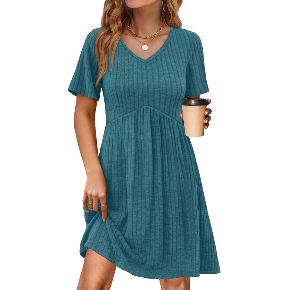 Fantaslook Short Sleeve Dresses for Women V Neck Summer Midi Dresses Empire Waist Tunic Casual Dress with Pockets