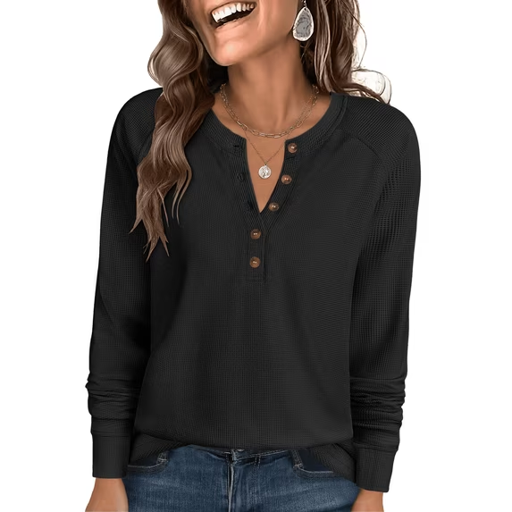 Fantaslook Waffle Long Sleeve Shirts for Women Button Up V Neck Henley Blouses Dressy Casual Fall Tops