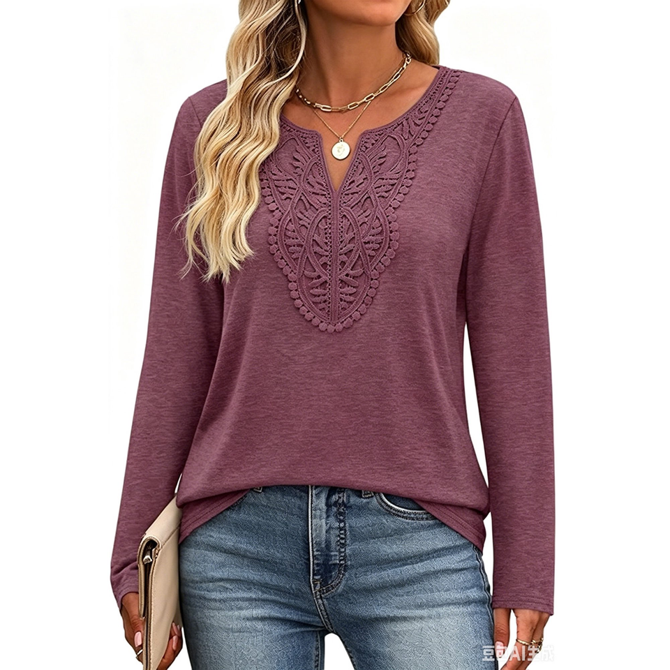 Fantaslook Lace Plus Size Tops for Women Long Sleeve V Neck Blouses Fall Tunic Shirts