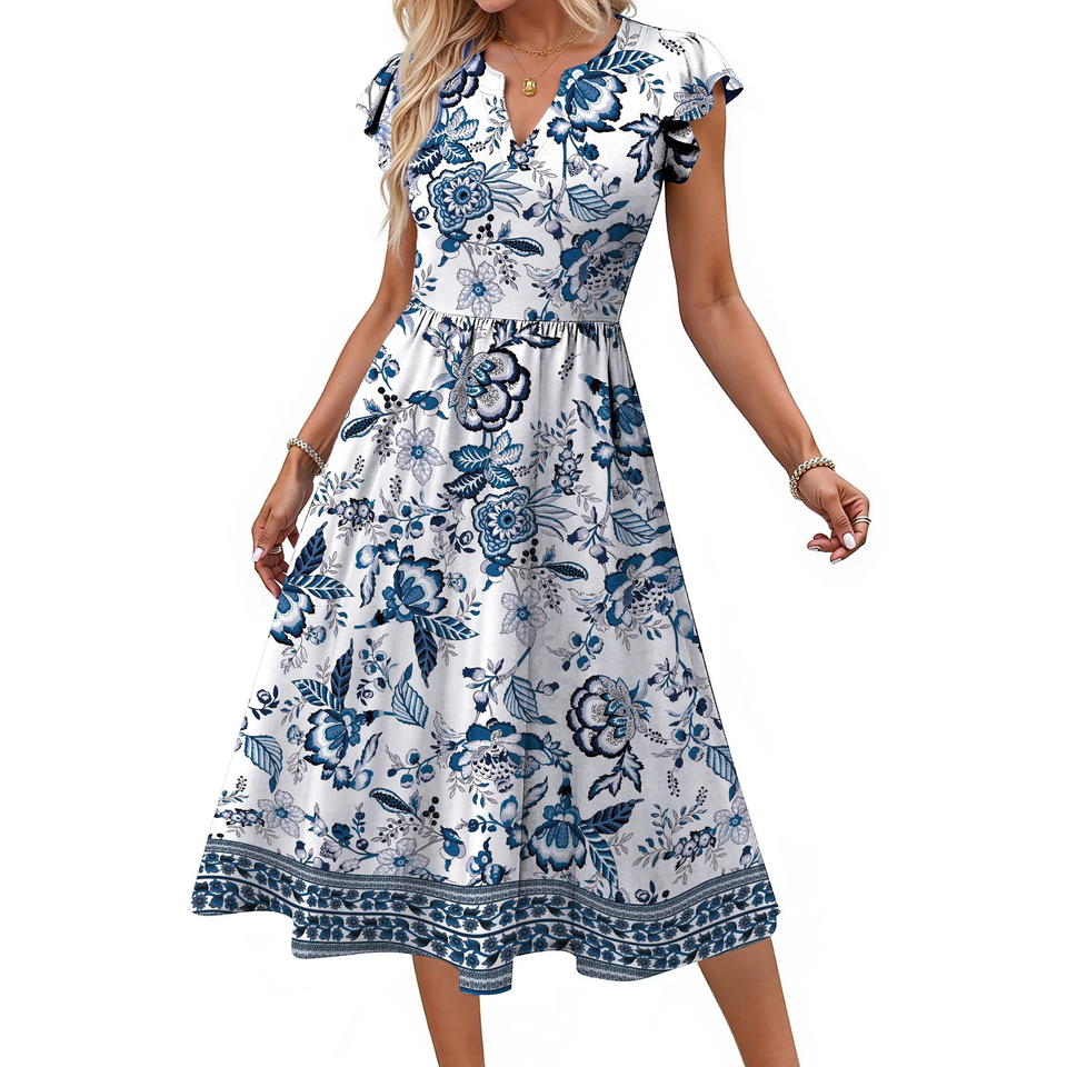 Fantaslook Summer Dresses for Women Ruffle Sleeve V Neck Midi Dresses Fashion Casual Flowy Vacation Sundress