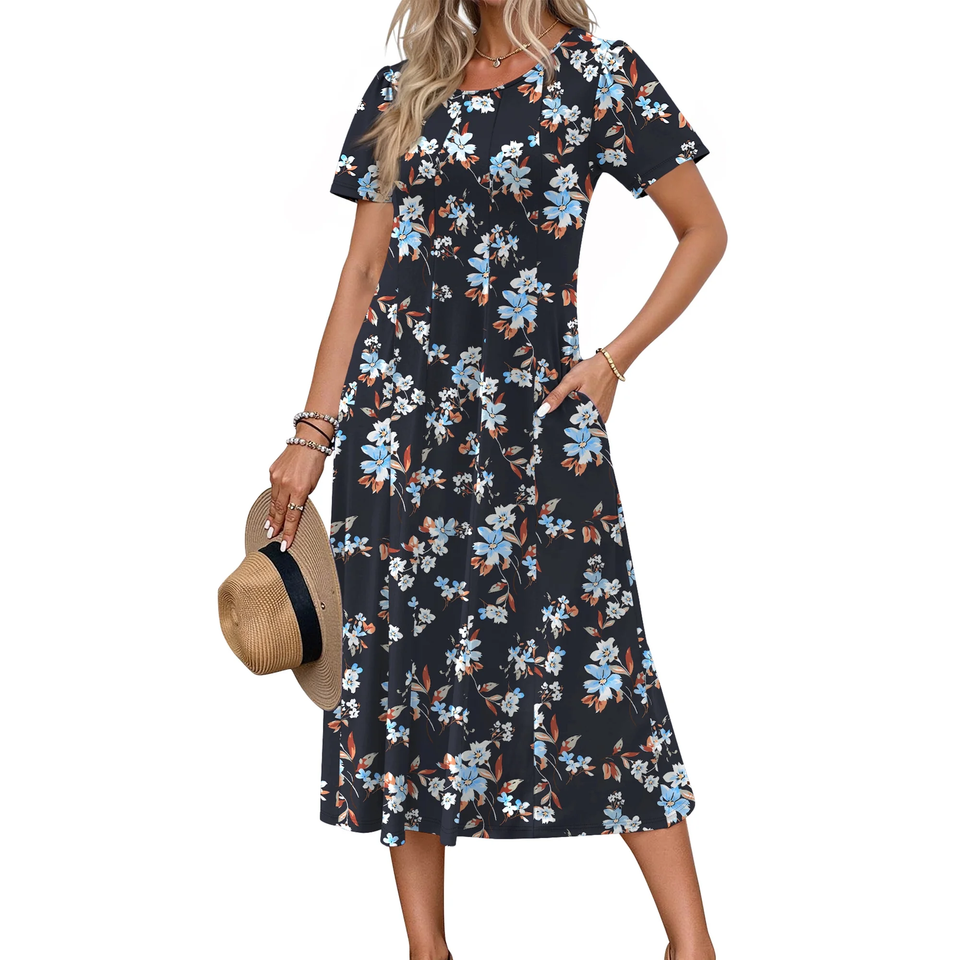Fantaslook Summer Dresses for Women Casual Short Sleeve Pleated Dress Flowy Floral Dress with Pockets Flare Midi Sundress