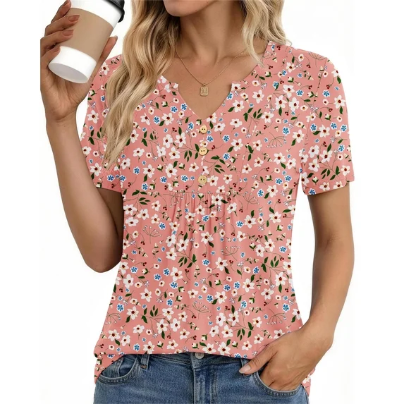 Fantaslook Womens Tunic Tops Casual Short Sleeve Shirts V Neck Button Pleated Blouses Floral Summer Tops
