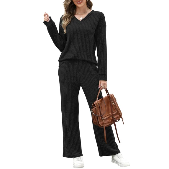 Fantaslook Two Piece Lounge Sets for Women Vacation Travel Fall Outfits V Neck Tops Wide Leg Pants Matching Sets Women Clothing