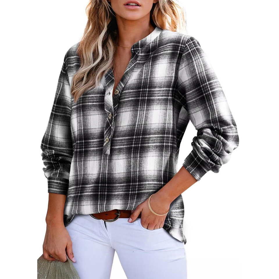 Fantaslook Womens Plaid Shirts Flannel Button Down Shirts Business Casual Long Sleeve Tops Dressy V Neck Blouses