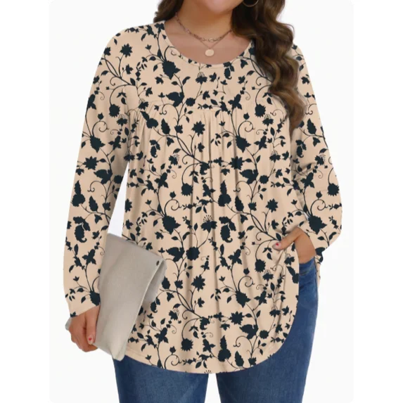 Fantaslook Womens Plus Size Tops Fall Long Sleeve Shirts Crew Neck Casual Loose Tunic Blouses