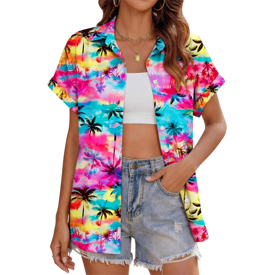 Fantaslook Hawaiian Button Down Shirts for Women Casual Short Sleeve Floral Print Blouses Summer Tops