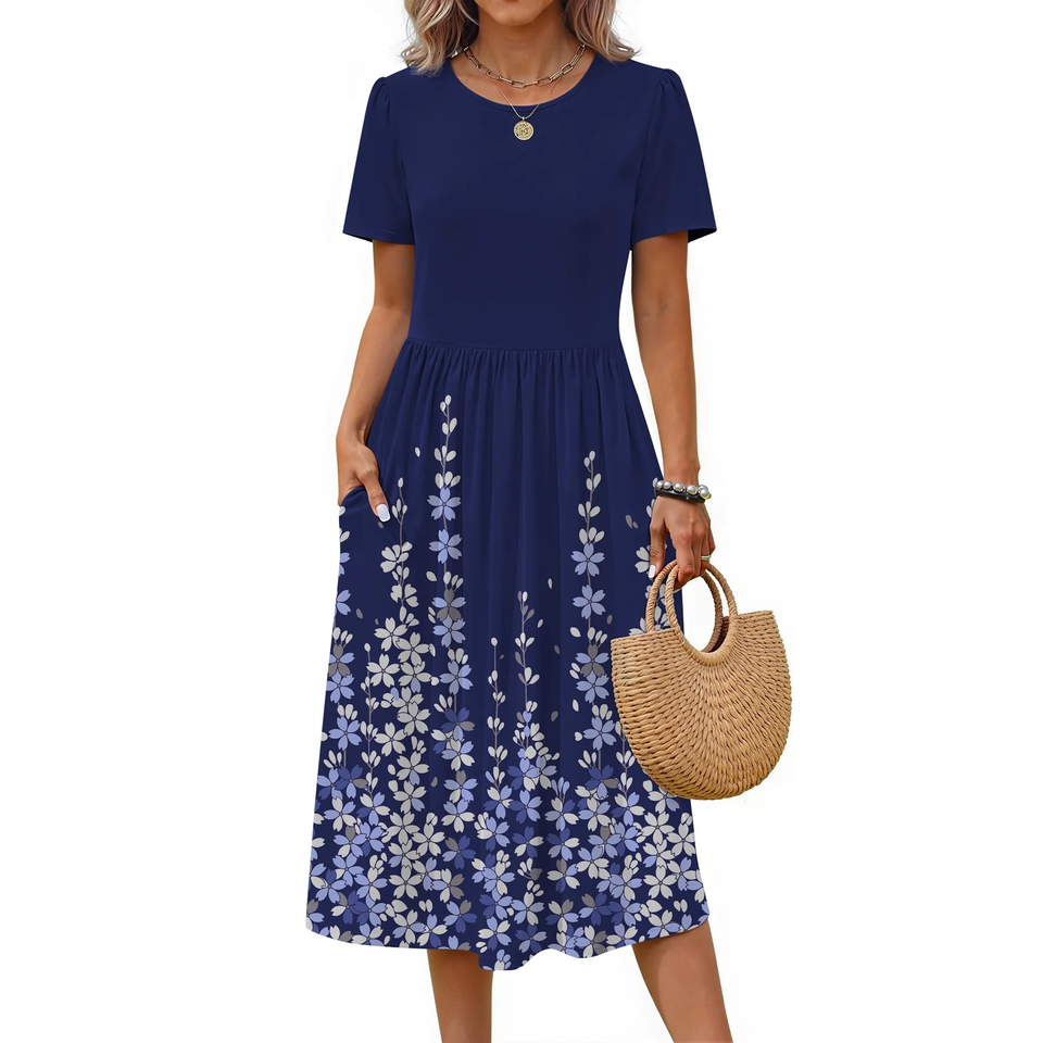 Fantaslook Summer Short Sleeve Midi Dresses for Women Casual Floral T Shirt Dresses Flowy Beach Sundress with Pockets