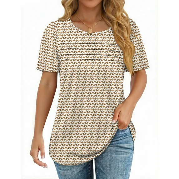 Fantaslook Women Blouses Dressy Casual Summer Short Sleeve Shirts Crew Neck Pleated Tunic Tops