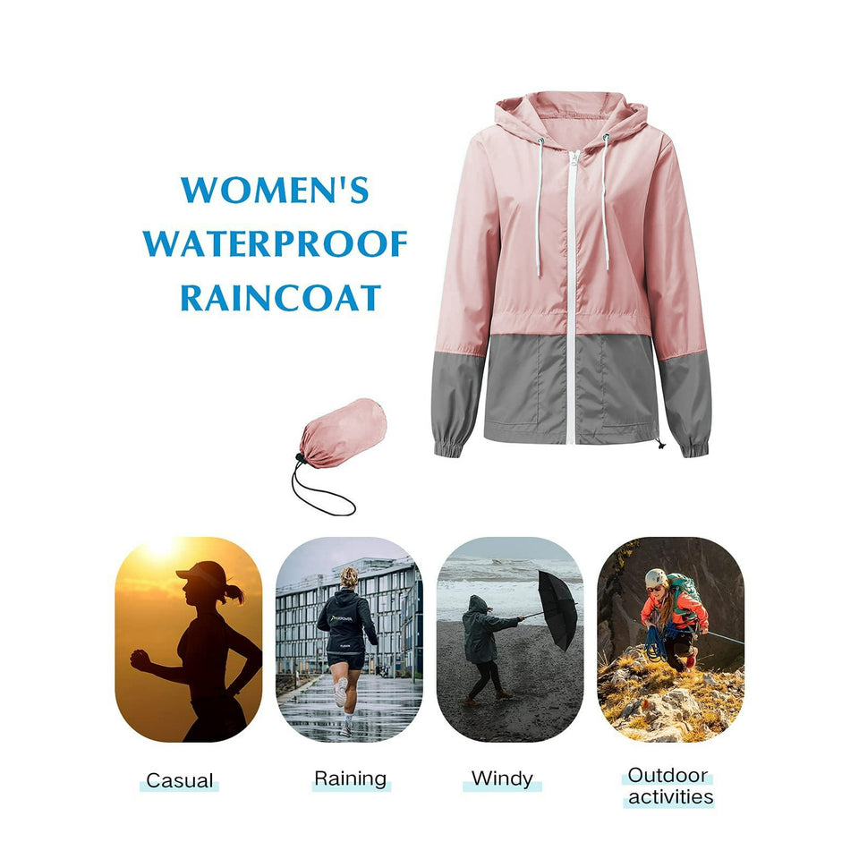 Rosvigor Womens Waterproof Raincoat Lightweight Color Block Jackets Windproof Hooded Jacket with Pockets