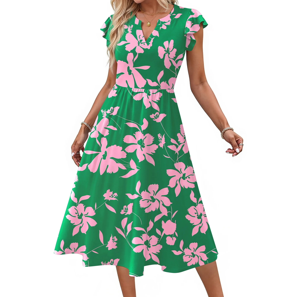 Fantaslook Summer Dresses for Women Ruffle Sleeve V Neck Midi Dresses Fashion Casual Flowy Vacation Sundress