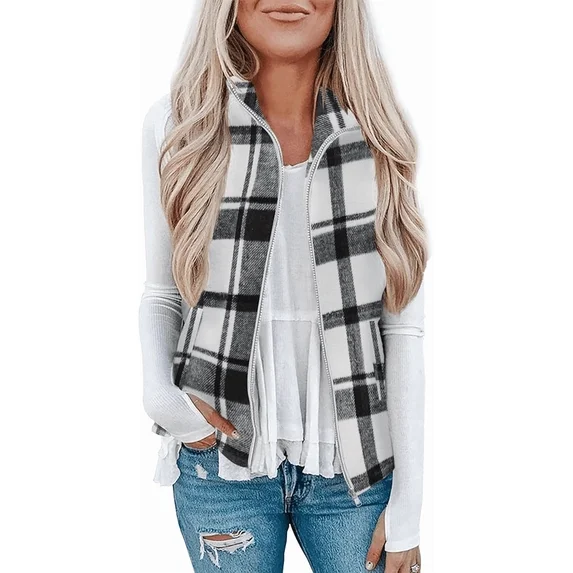 Fantaslook Women Plaid Outwear Vest Lightweight Sleeveless Jackets Zipper Fall Winter Coats with Pockets