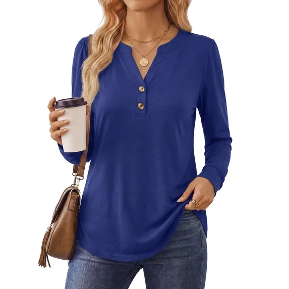 Fantaslook V Neck Henley Blouses for Women Dressy Fall Tops Long Sleeve Shirts Fashion Clothes
