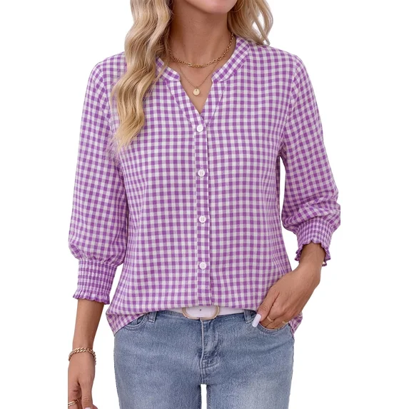 Fantaslook Plaid Button Down Shirts for Women V neck 3/4 Sleeve Shirt with Smocked Cuffs Dressy Cotton Blouses Tops