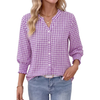 Fantaslook Plaid Button Down Shirts for Women V neck 3/4 Sleeve Shirt with Smocked Cuffs Dressy Cotton Blouses Tops