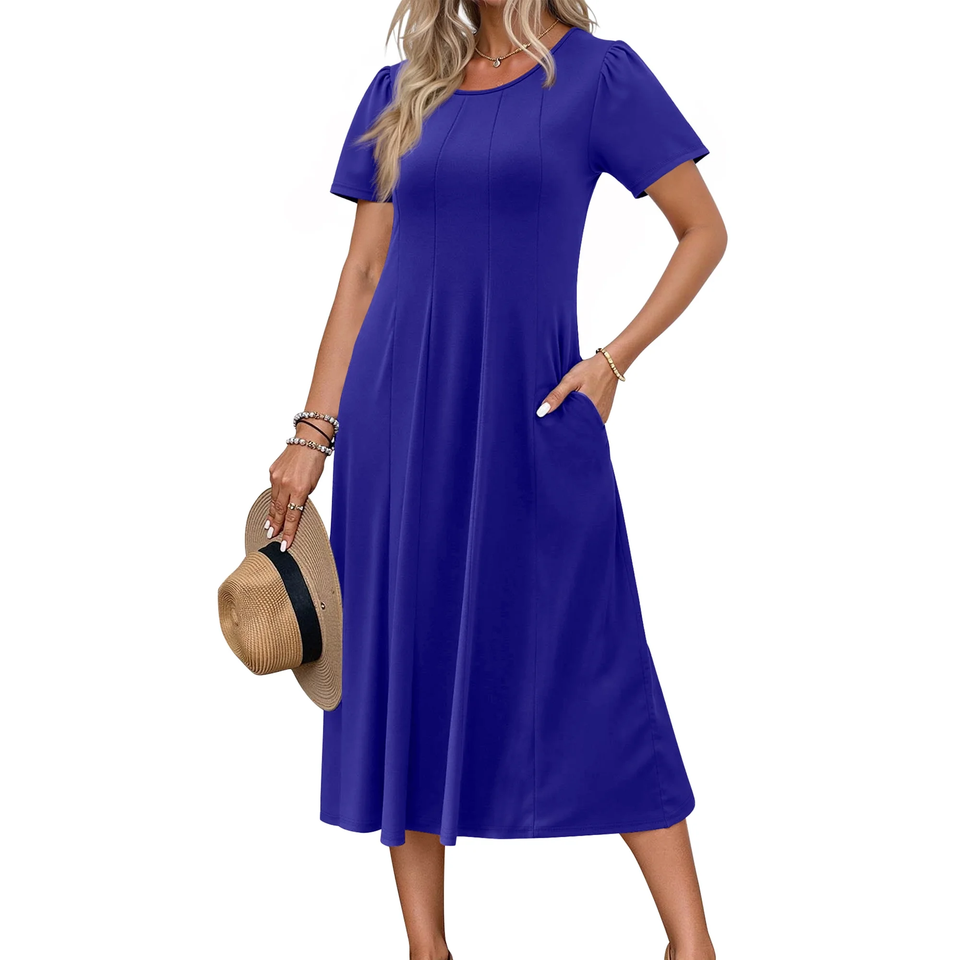 Fantaslook Summer Dresses for Women Casual Short Sleeve Pleated Dress Flowy Floral Dress with Pockets Flare Midi Sundress
