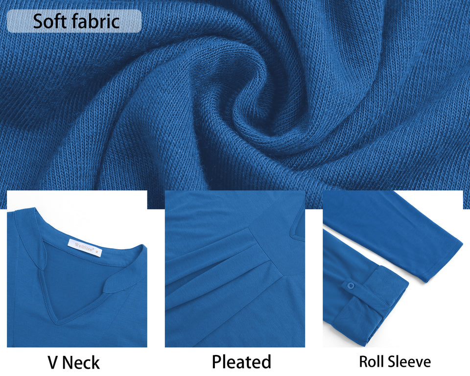 WellSize Plus Size Blouse for Women Dressy Pleated Tunic Tops Roll Up 3/4 Sleeve Shirts