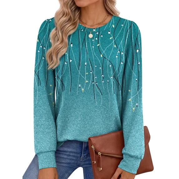 Fantaslook Womens Long Sleeve Shirts Fall Tunic Tops Casual Crewneck Floral Blouses